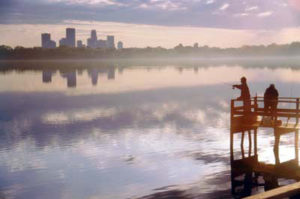 A beautiful view of Minneapolis across Lake Calhoun.