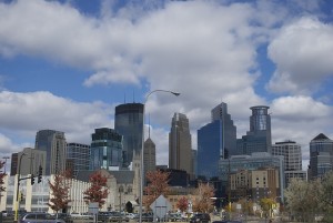the skyline of minneapolis on a sunny day