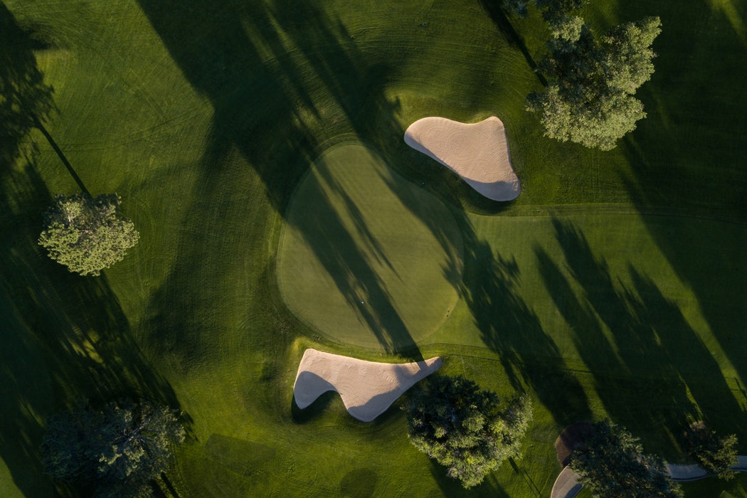 An aerial view of a golf course.